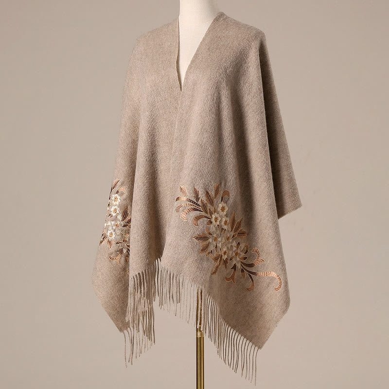 Nimara Ritual Wool Shawl Begonia Embroidery Tassel Winter Cozy Travel Scarf Wrap