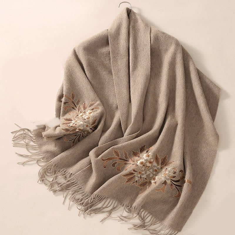 Nimara Ritual Wool Shawl Begonia Embroidery Tassel Winter Cozy Travel Scarf Wrap