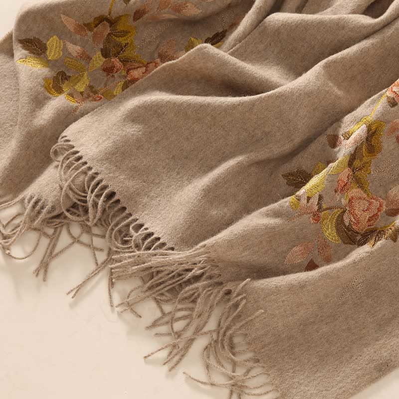 Nimara Ritual Wool Shawl Weiyang Flower Embroidery Tassel Winter Cozy Travel Scarf Wrap