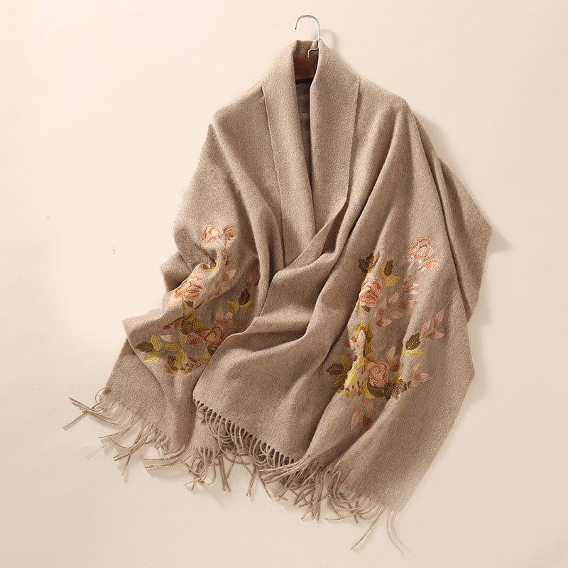 Nimara Ritual Wool Shawl Weiyang Flower Embroidery Tassel Winter Cozy Travel Scarf Wrap