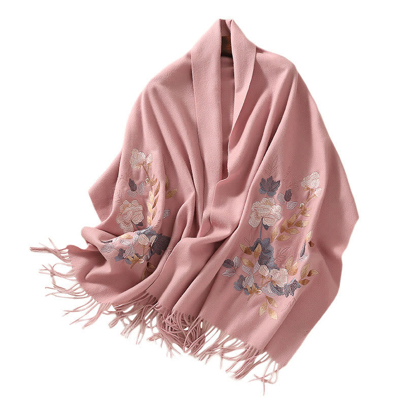 Nimara Ritual Wool Shawl Weiyang Flower Embroidery Tassel Winter Cozy Travel Scarf Wrap