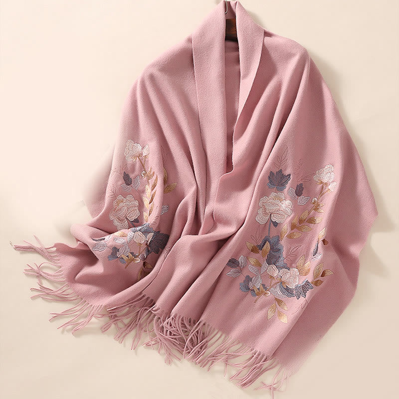 Nimara Ritual Wool Shawl Weiyang Flower Embroidery Tassel Winter Cozy Travel Scarf Wrap
