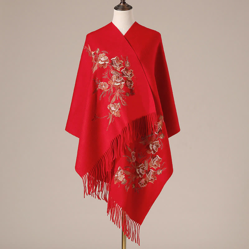 Nimara Ritual Wool Shawl Flowers Leaves Embroidery Tassel Winter Cozy Travel Scarf Wrap