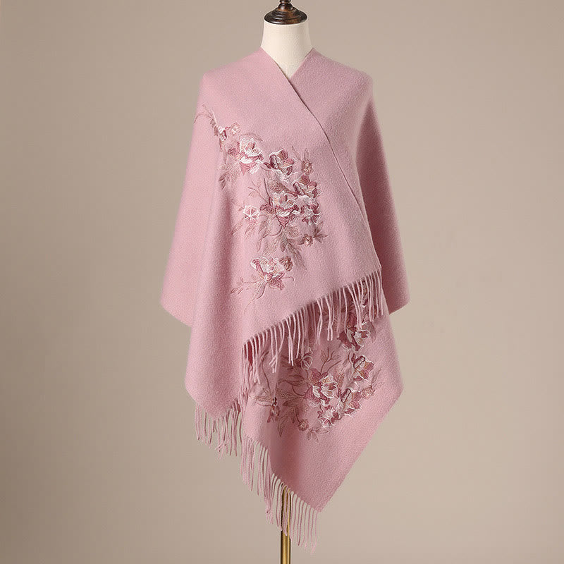Nimara Ritual Wool Shawl Flowers Leaves Embroidery Tassel Winter Cozy Travel Scarf Wrap