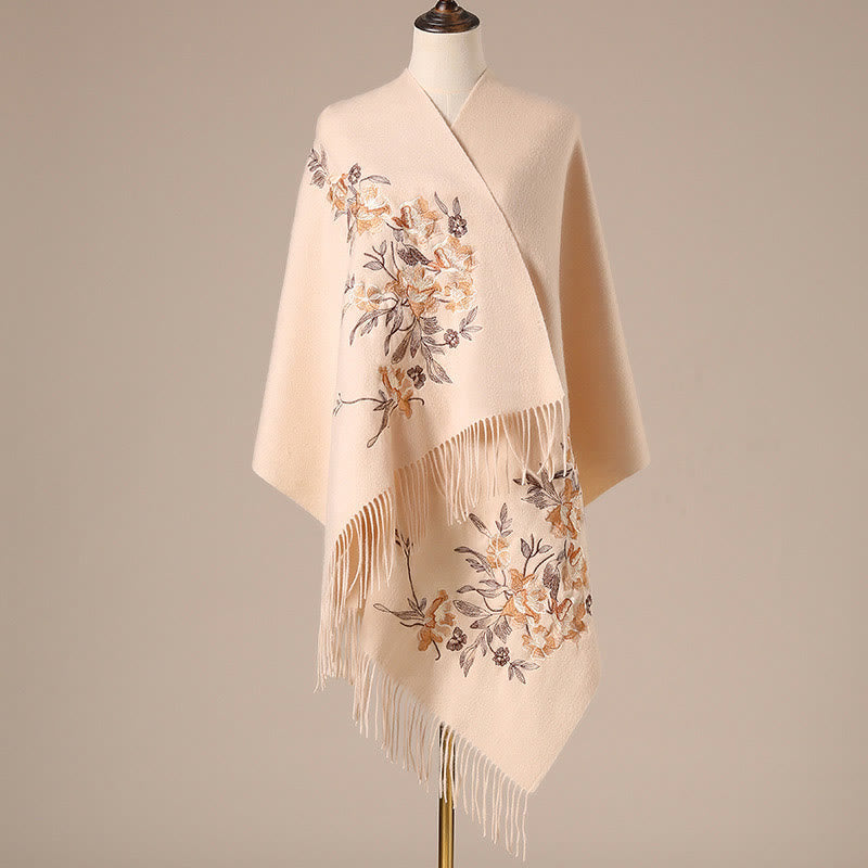 Nimara Ritual Wool Shawl Flowers Leaves Embroidery Tassel Winter Cozy Travel Scarf Wrap