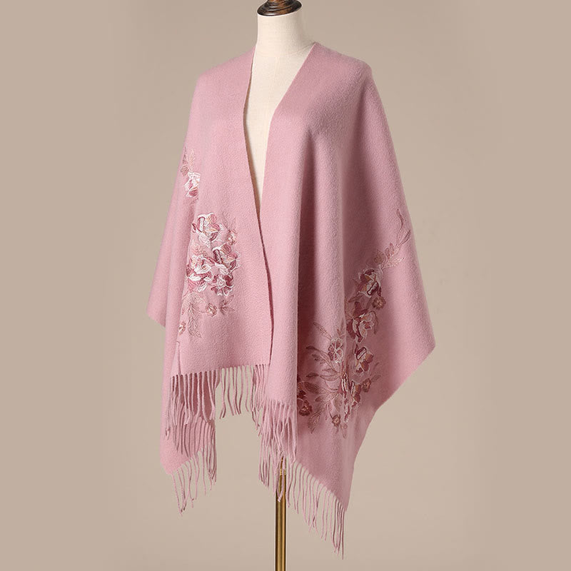 Nimara Ritual Wool Shawl Flowers Leaves Embroidery Tassel Winter Cozy Travel Scarf Wrap