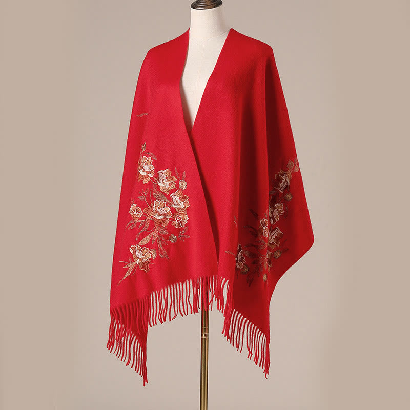 Nimara Ritual Wool Shawl Flowers Leaves Embroidery Tassel Winter Cozy Travel Scarf Wrap