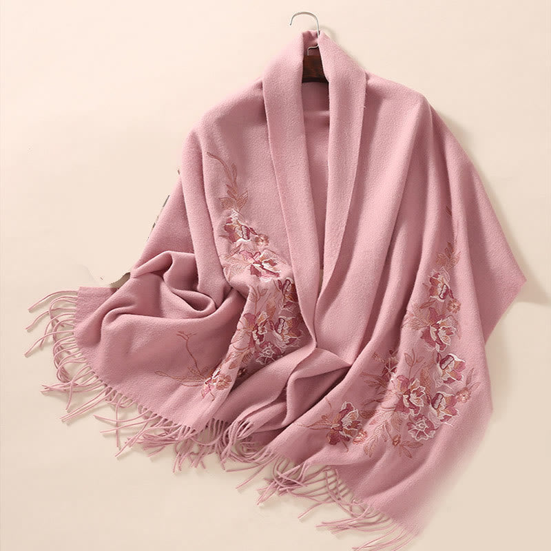 Nimara Ritual Wool Shawl Flowers Leaves Embroidery Tassel Winter Cozy Travel Scarf Wrap