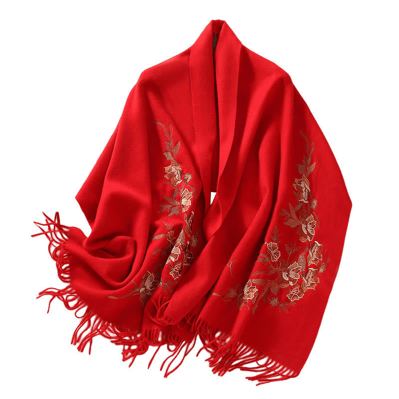 Nimara Ritual Wool Shawl Flowers Leaves Embroidery Tassel Winter Cozy Travel Scarf Wrap