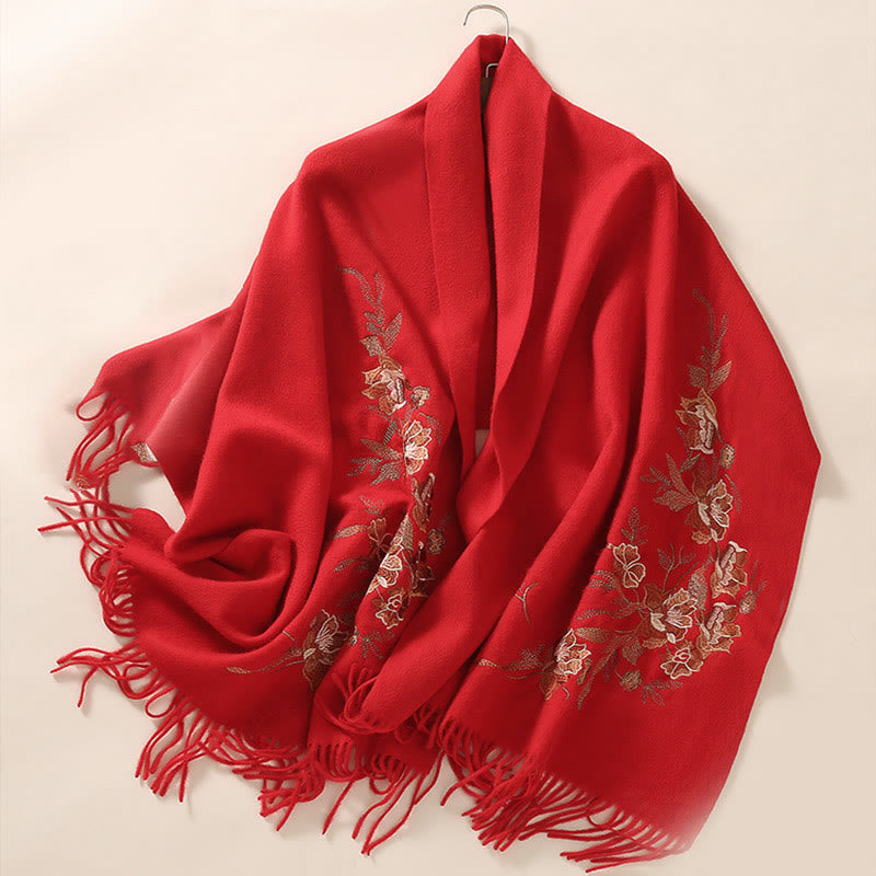 Nimara Ritual Wool Shawl Flowers Leaves Embroidery Tassel Winter Cozy Travel Scarf Wrap