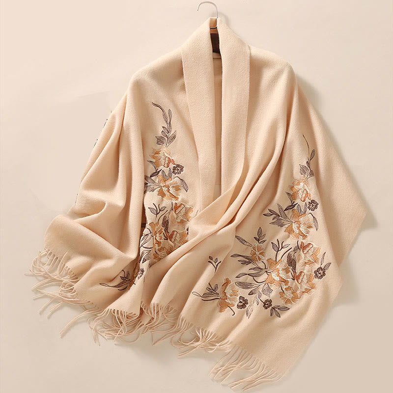 Nimara Ritual Wool Shawl Flowers Leaves Embroidery Tassel Winter Cozy Travel Scarf Wrap