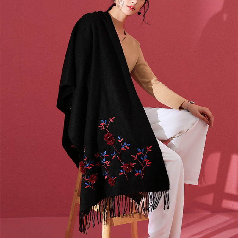 Nimara Ritual Wool Shawl 3D Floral Embroidery Tassel Winter Cozy Travel Scarf Wrap