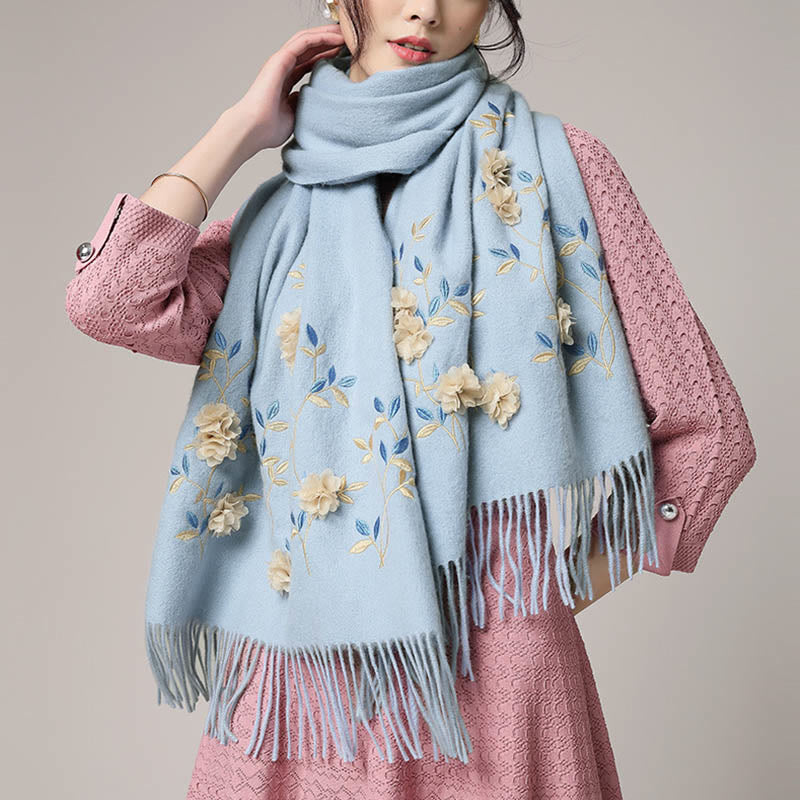 Nimara Ritual Wool Shawl 3D Floral Embroidery Tassel Winter Cozy Travel Scarf Wrap