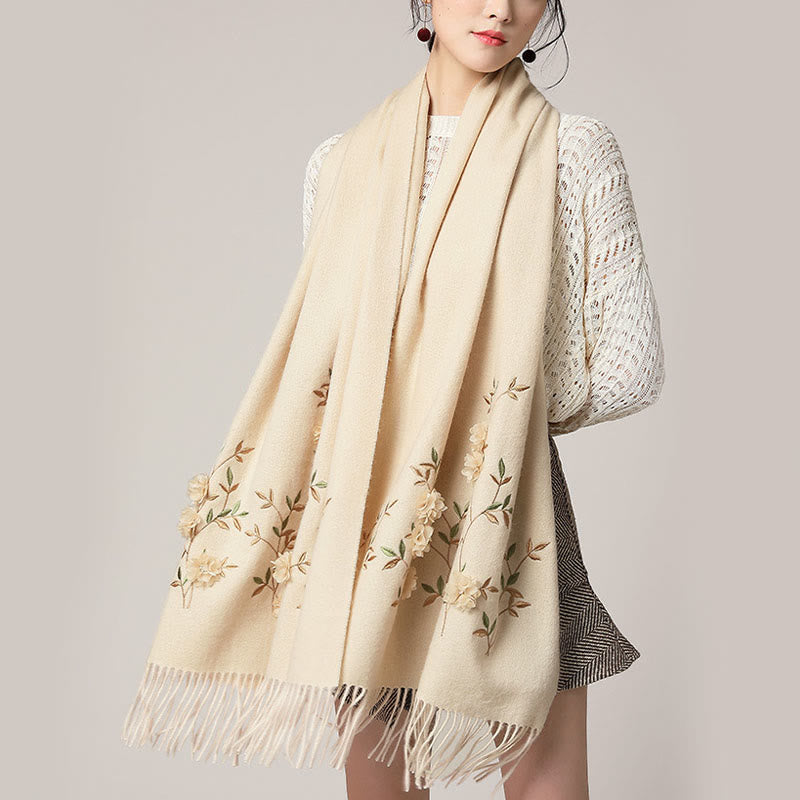 Nimara Ritual Wool Shawl 3D Floral Embroidery Tassel Winter Cozy Travel Scarf Wrap