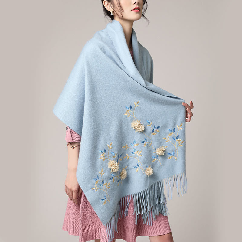 Nimara Ritual Wool Shawl 3D Floral Embroidery Tassel Winter Cozy Travel Scarf Wrap