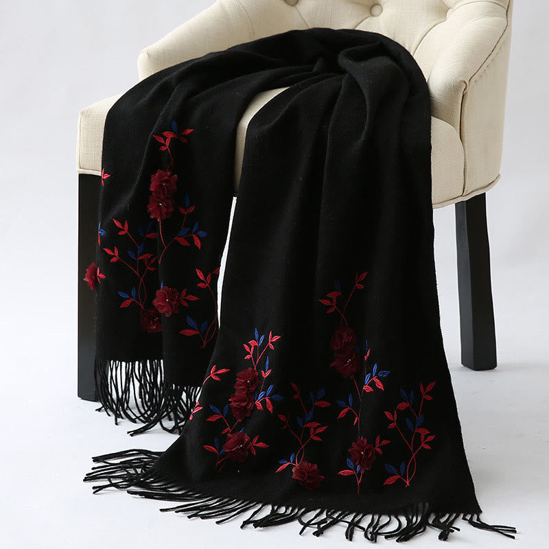 Nimara Ritual Wool Shawl 3D Floral Embroidery Tassel Winter Cozy Travel Scarf Wrap