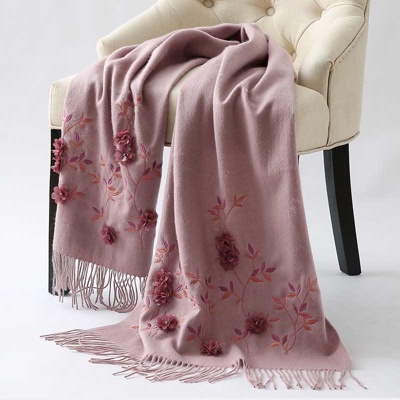 Nimara Ritual Wool Shawl 3D Floral Embroidery Tassel Winter Cozy Travel Scarf Wrap