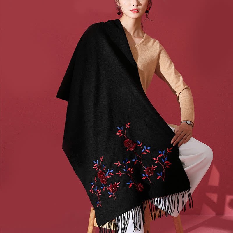Nimara Ritual Wool Shawl 3D Floral Embroidery Tassel Winter Cozy Travel Scarf Wrap