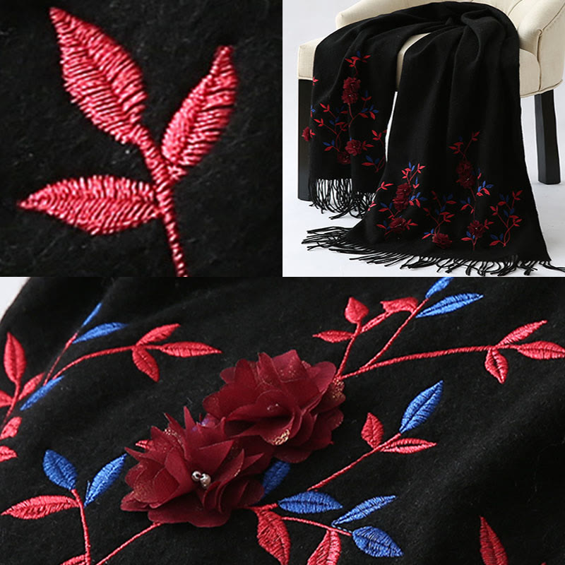 Nimara Ritual Wool Shawl 3D Floral Embroidery Tassel Winter Cozy Travel Scarf Wrap