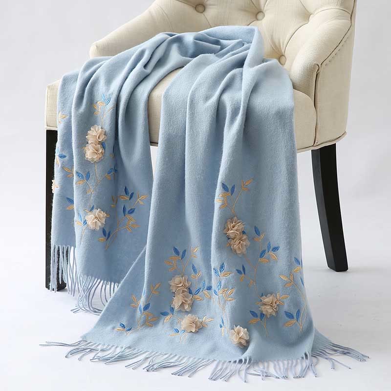 Nimara Ritual Wool Shawl 3D Floral Embroidery Tassel Winter Cozy Travel Scarf Wrap