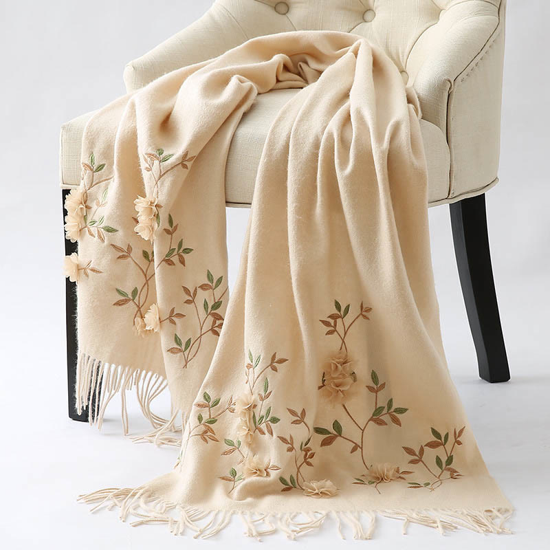 Nimara Ritual Wool Shawl 3D Floral Embroidery Tassel Winter Cozy Travel Scarf Wrap