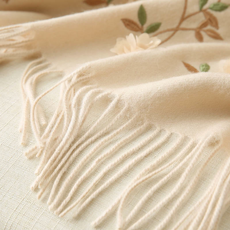 Nimara Ritual Wool Shawl 3D Floral Embroidery Tassel Winter Cozy Travel Scarf Wrap