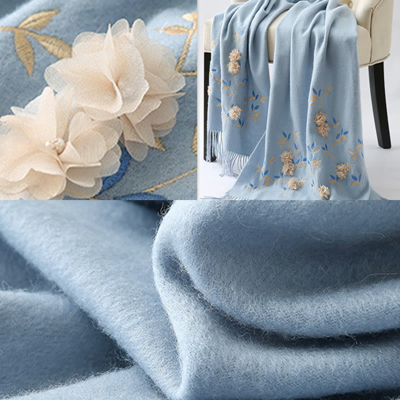 Nimara Ritual Wool Shawl 3D Floral Embroidery Tassel Winter Cozy Travel Scarf Wrap