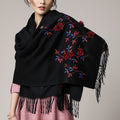 Nimara Ritual Wool Shawl 3D Floral Embroidery Tassel Winter Cozy Travel Scarf Wrap
