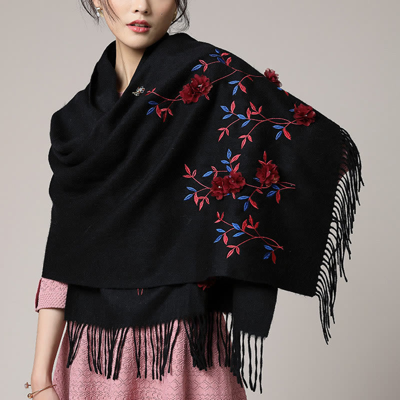 Nimara Ritual Wool Shawl 3D Floral Embroidery Tassel Winter Cozy Travel Scarf Wrap