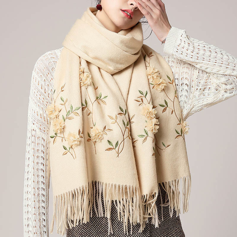 Nimara Ritual Wool Shawl 3D Floral Embroidery Tassel Winter Cozy Travel Scarf Wrap