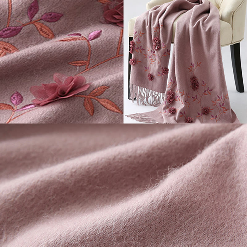 Nimara Ritual Wool Shawl 3D Floral Embroidery Tassel Winter Cozy Travel Scarf Wrap