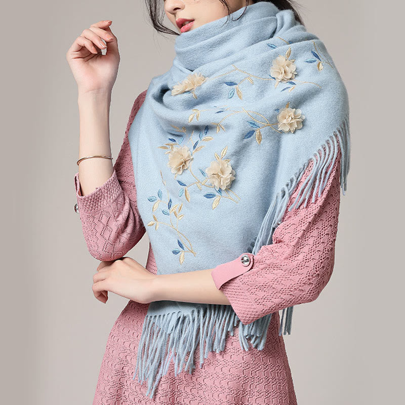 Nimara Ritual Wool Shawl 3D Floral Embroidery Tassel Winter Cozy Travel Scarf Wrap