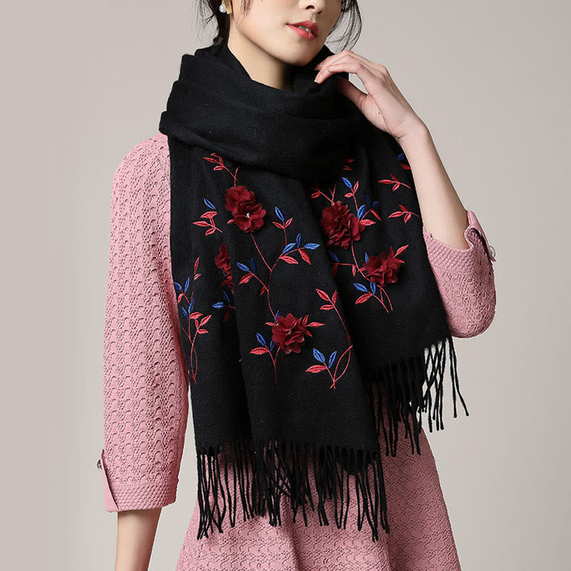 Nimara Ritual Wool Shawl 3D Floral Embroidery Tassel Winter Cozy Travel Scarf Wrap