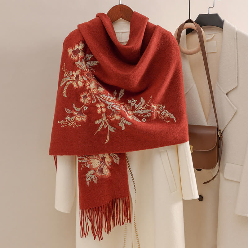 Nimara Ritual Wool Shawl Red Flower Gold Sequins Embroidery Tassel Winter Cozy Travel Scarf Wrap
