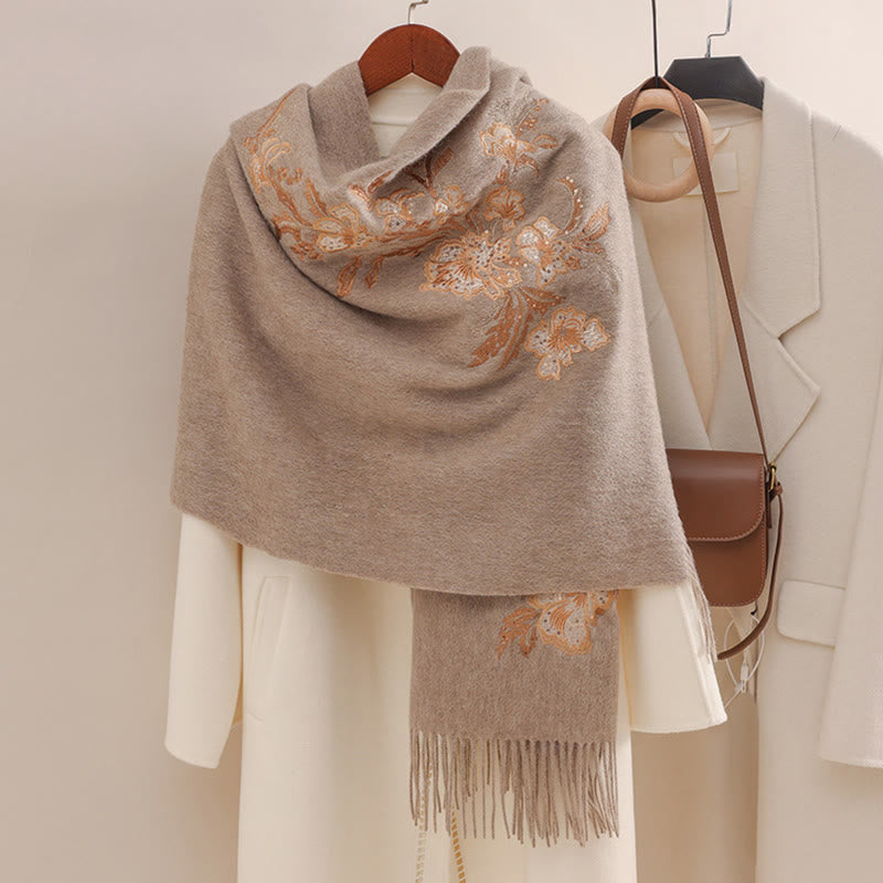 Nimara Ritual Wool Shawl Red Flower Gold Sequins Embroidery Tassel Winter Cozy Travel Scarf Wrap