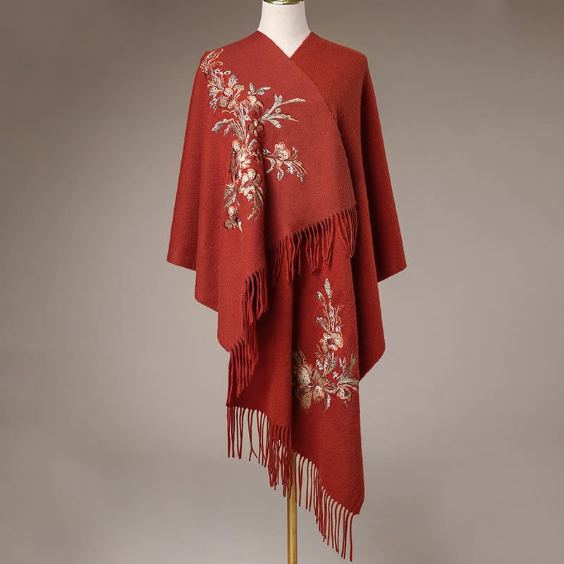 Nimara Ritual Wool Shawl Red Flower Gold Sequins Embroidery Tassel Winter Cozy Travel Scarf Wrap