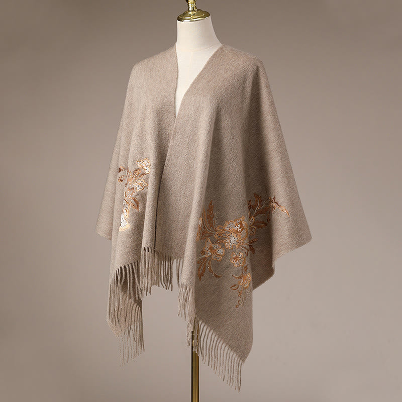 Nimara Ritual Wool Shawl Red Flower Gold Sequins Embroidery Tassel Winter Cozy Travel Scarf Wrap