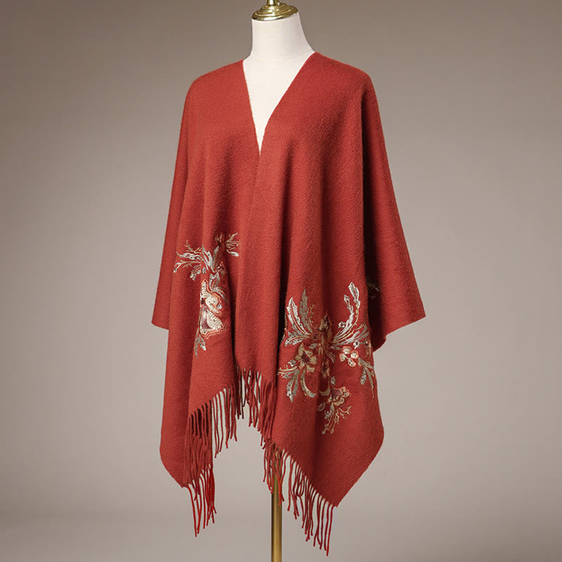 Nimara Ritual Wool Shawl Red Flower Gold Sequins Embroidery Tassel Winter Cozy Travel Scarf Wrap
