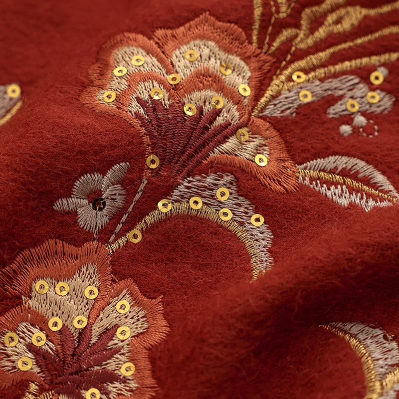 Nimara Ritual Wool Shawl Red Flower Gold Sequins Embroidery Tassel Winter Cozy Travel Scarf Wrap