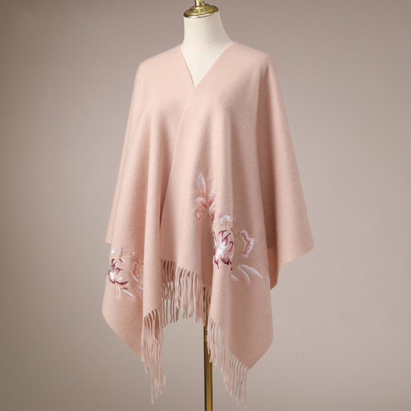 Nimara Ritual Wool Shawl Pink White Flower Embroidery Tassel Winter Cozy Travel Scarf Wrap