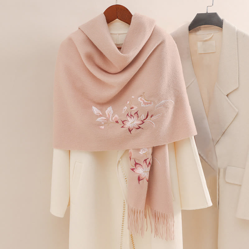 Nimara Ritual Wool Shawl Pink White Flower Embroidery Tassel Winter Cozy Travel Scarf Wrap