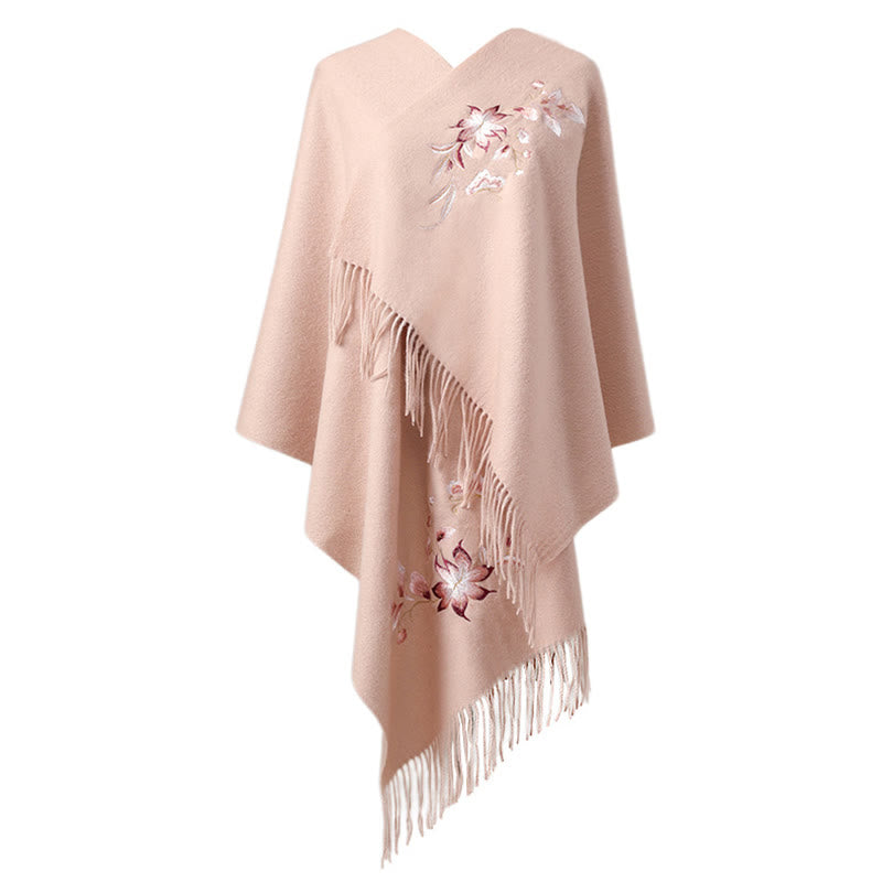 Nimara Ritual Wool Shawl Pink White Flower Embroidery Tassel Winter Cozy Travel Scarf Wrap