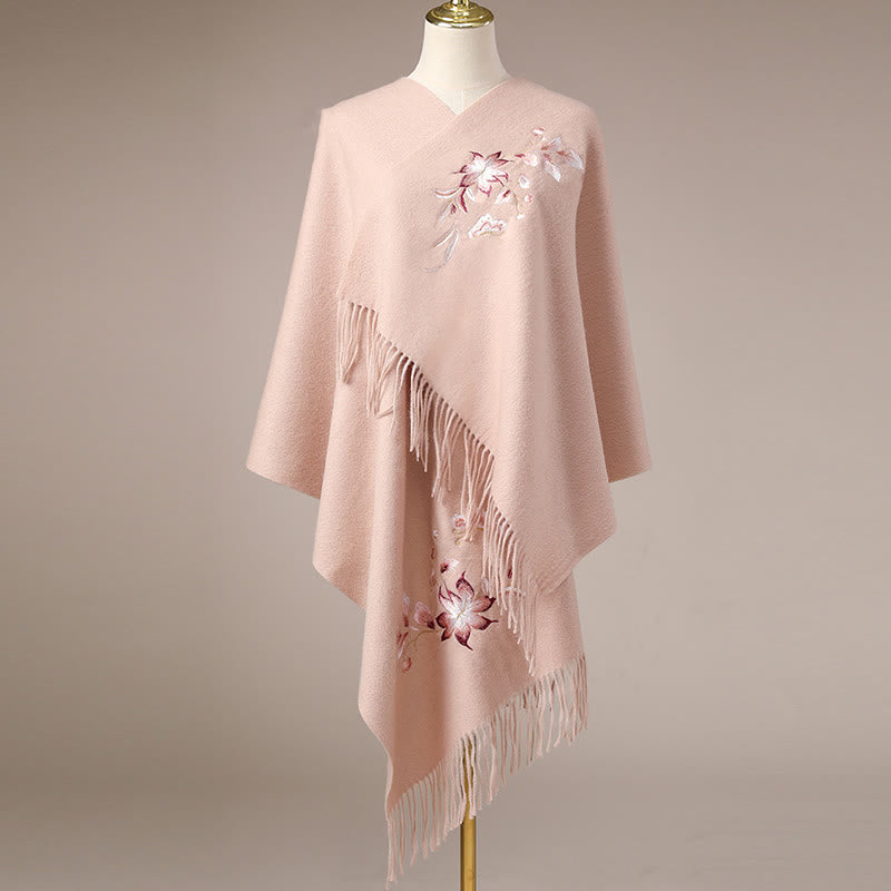 Nimara Ritual Wool Shawl Pink White Flower Embroidery Tassel Winter Cozy Travel Scarf Wrap