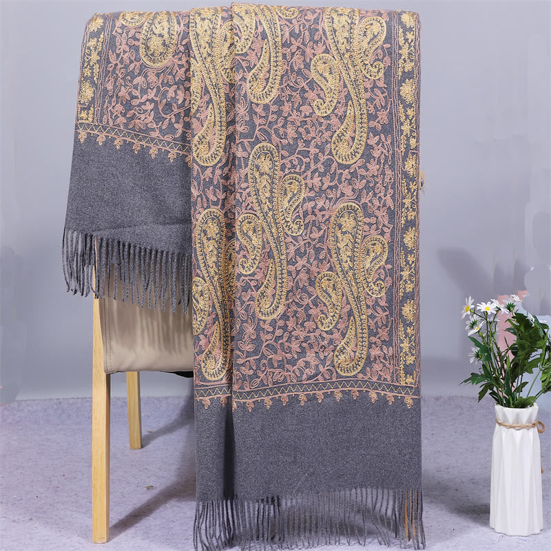 Nimara Ritual Rayon Fabric Shawl Golden Cashew Flowers Embroidery Tassel Winter Cozy Travel Scarf Wrap