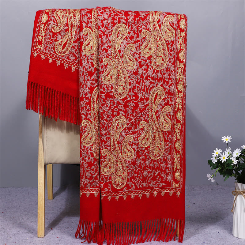 Nimara Ritual Rayon Fabric Shawl Golden Cashew Flowers Embroidery Tassel Winter Cozy Travel Scarf Wrap