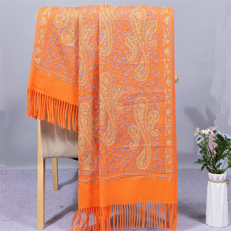 Nimara Ritual Rayon Fabric Shawl Golden Cashew Flowers Embroidery Tassel Winter Cozy Travel Scarf Wrap