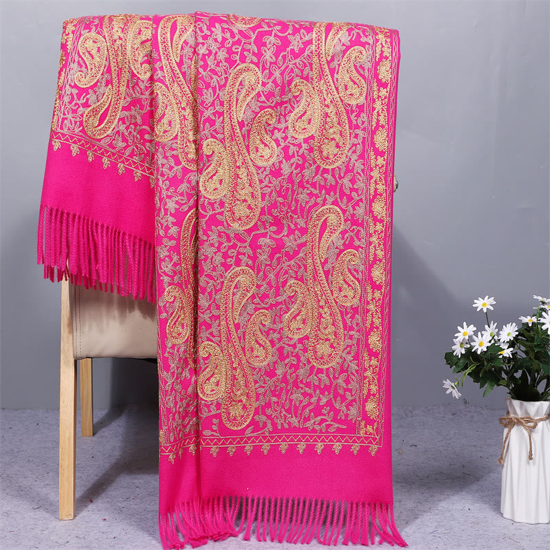 Nimara Ritual Rayon Fabric Shawl Golden Cashew Flowers Embroidery Tassel Winter Cozy Travel Scarf Wrap