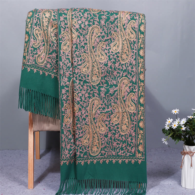 Nimara Ritual Rayon Fabric Shawl Golden Cashew Flowers Embroidery Tassel Winter Cozy Travel Scarf Wrap
