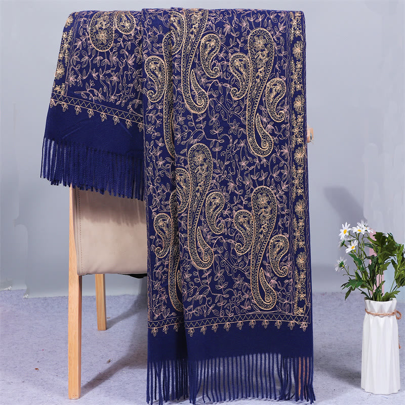 Nimara Ritual Rayon Fabric Shawl Golden Cashew Flowers Embroidery Tassel Winter Cozy Travel Scarf Wrap