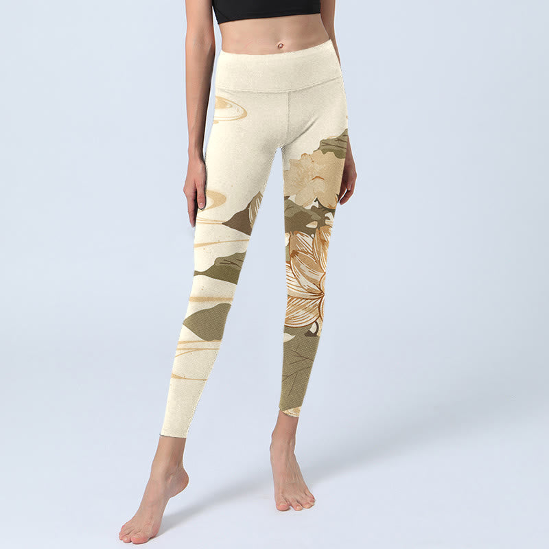 Nimara Ritual Beige Lotus Flower Print Gym Fitness Leggings Women's Yoga Pants